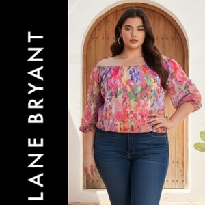 Lane Bryant Bright Flower Smocked Sheer Blouse